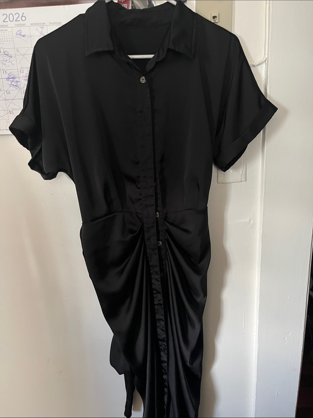 Source Unknown Black Shirt-Style Ruched Midi Dress